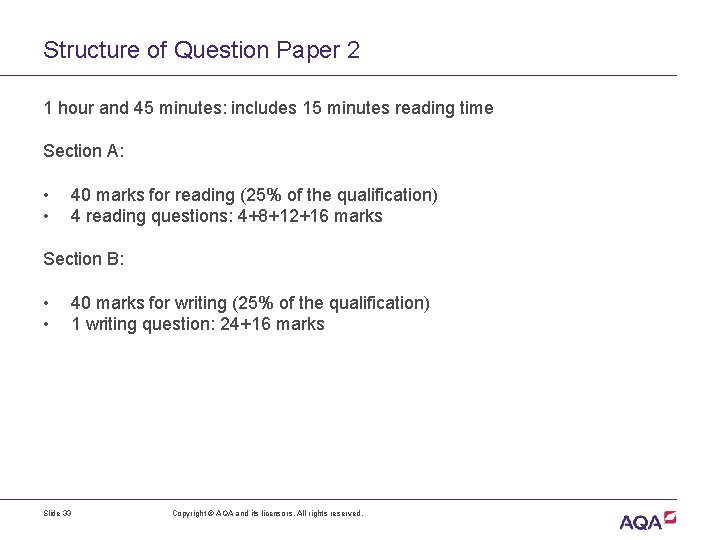 Structure of Question Paper 2 1 hour and 45 minutes: includes 15 minutes reading