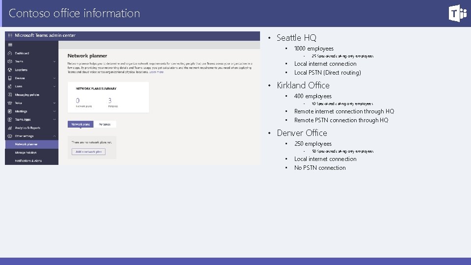 Contoso office information • Seattle HQ • 1000 employees • • • 25 Specialized
