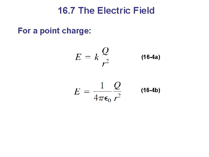 16. 7 The Electric Field For a point charge: (16 -4 a) (16 -4