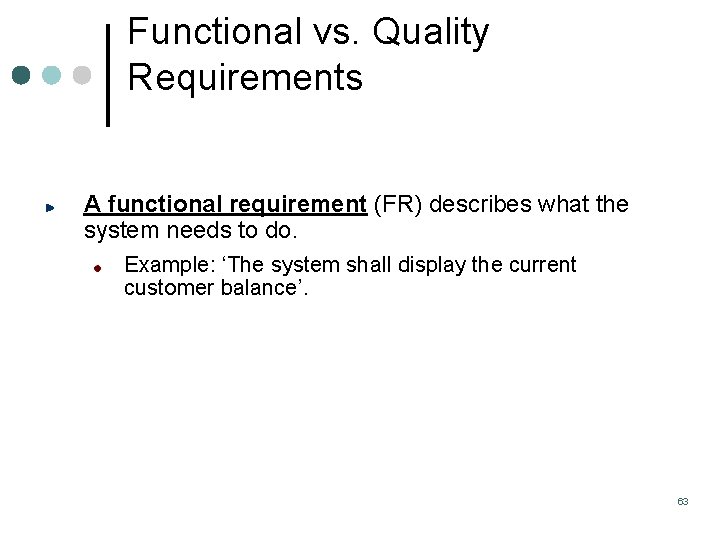 Functional vs. Quality Requirements A functional requirement (FR) describes what the system needs to Functional vs. Quality Requirements A functional requirement (FR) describes what the system needs to