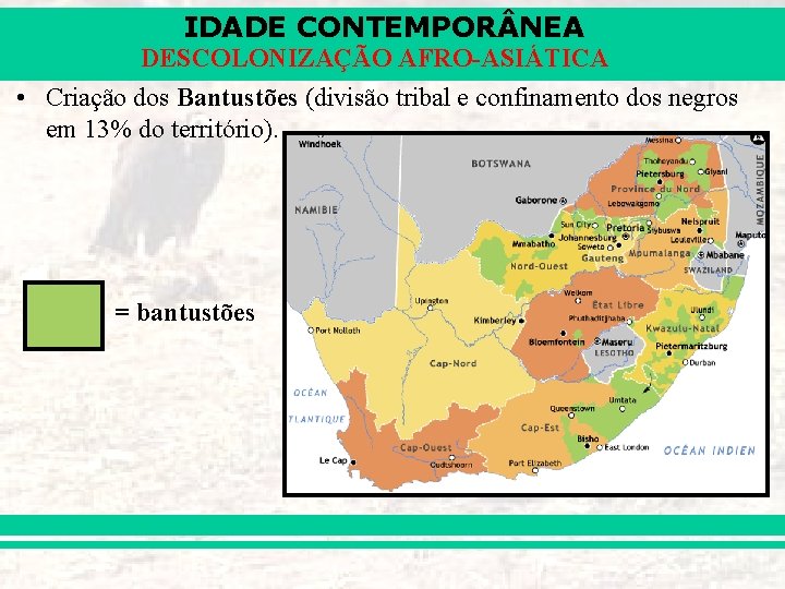 IDADE CONTEMPOR NEA DESCOLONIZAÇÃO AFRO-ASIÁTICA • Criação dos Bantustões (divisão tribal e confinamento dos