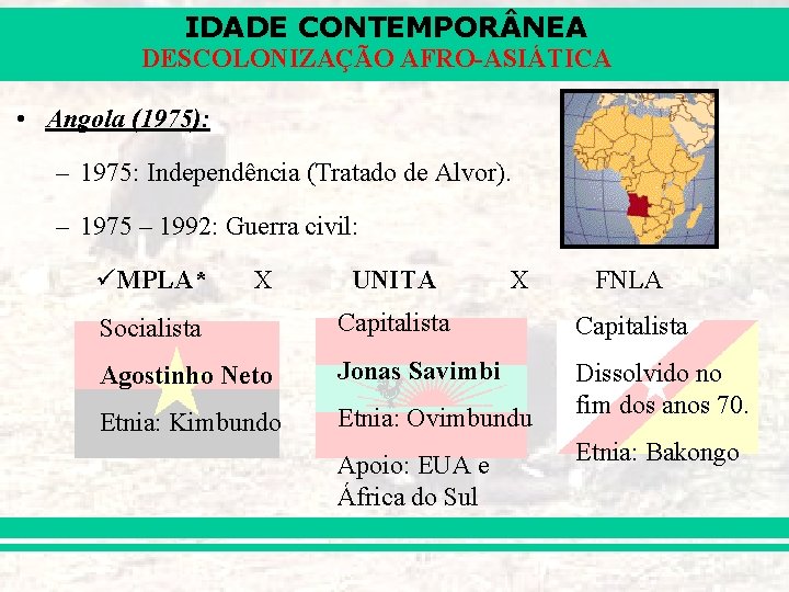 IDADE CONTEMPOR NEA DESCOLONIZAÇÃO AFRO-ASIÁTICA • Angola (1975): – 1975: Independência (Tratado de Alvor).