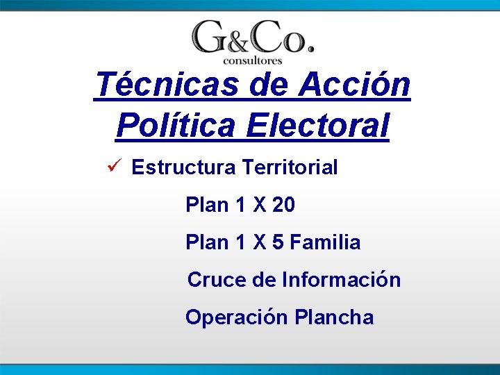 Técnicas de Acción Política Electoral ü Estructura Territorial Plan 1 X 20 Plan 1