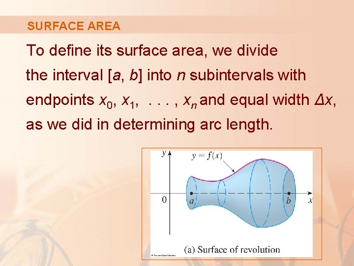 SURFACE AREA To define its surface area, we divide the interval [a, b] into