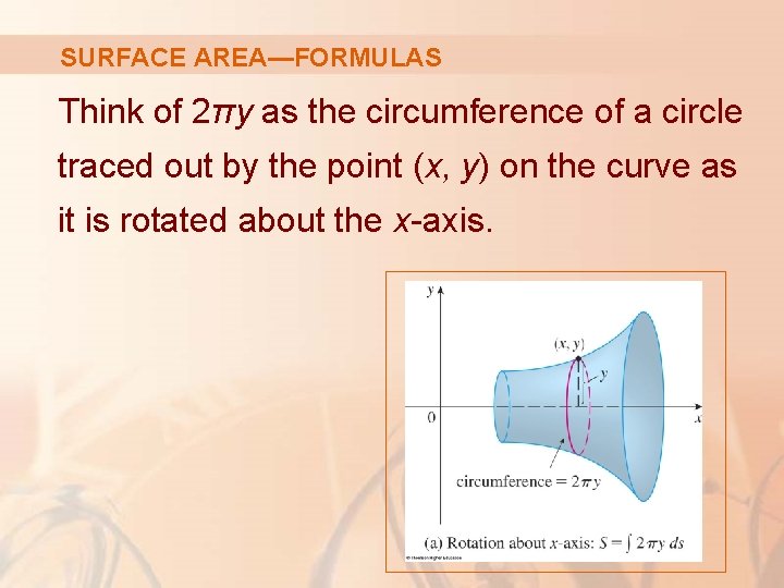 SURFACE AREA—FORMULAS Think of 2πy as the circumference of a circle traced out by