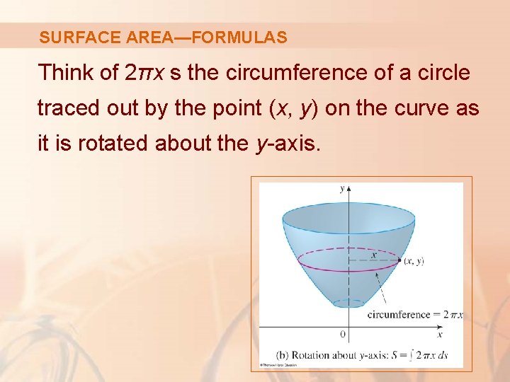 SURFACE AREA—FORMULAS Think of 2πx s the circumference of a circle traced out by
