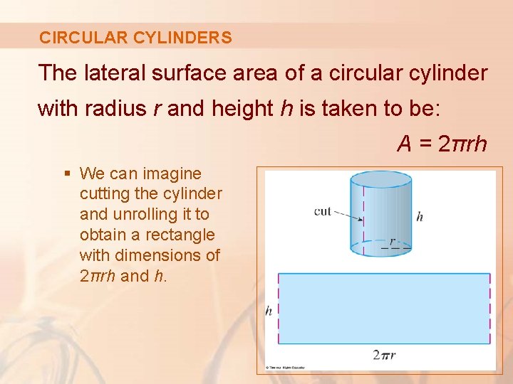 CIRCULAR CYLINDERS The lateral surface area of a circular cylinder with radius r and