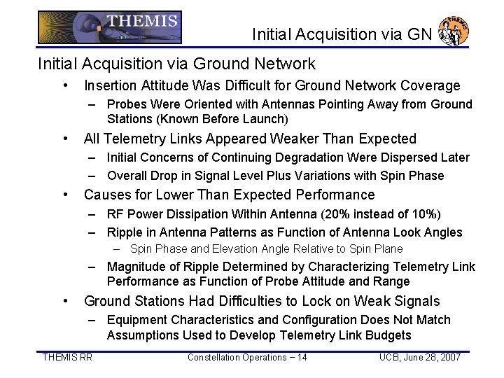 Initial Acquisition via GN Initial Acquisition via Ground Network • Insertion Attitude Was Difficult