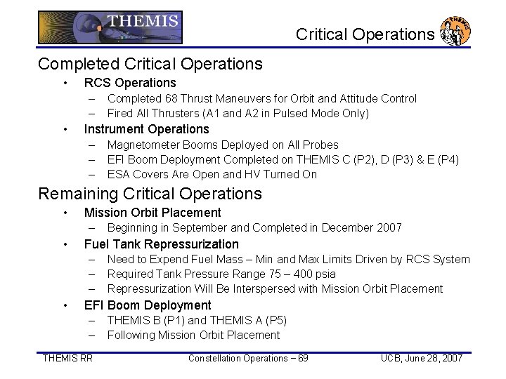 Critical Operations Completed Critical Operations • RCS Operations – – • Completed 68 Thrust