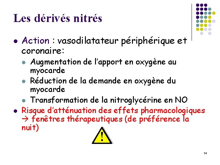 Les dérivés nitrés l Action : vasodilatateur périphérique et coronaire: Augmentation de l’apport en