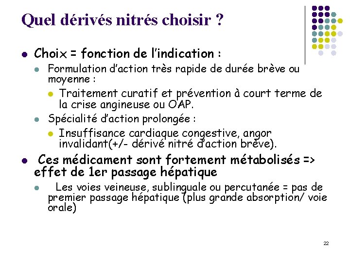 Quel dérivés nitrés choisir ? l Choix = fonction de l’indication : l l