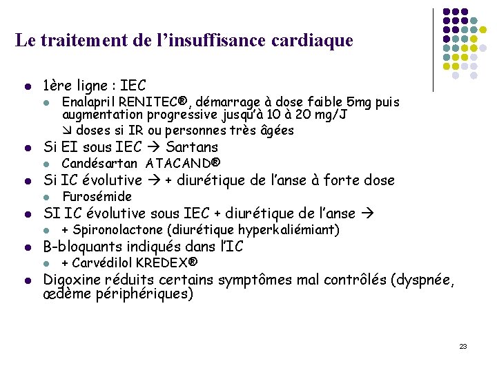 Le traitement de l’insuffisance cardiaque l 1ère ligne : IEC l l l Enalapril