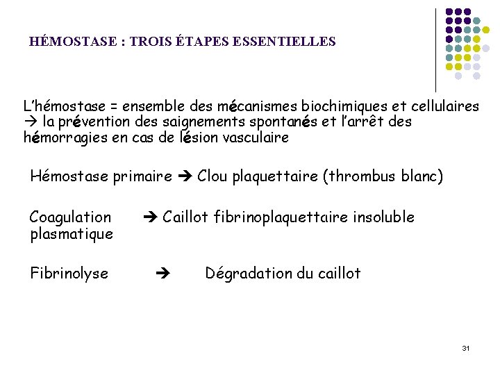 HÉMOSTASE : TROIS ÉTAPES ESSENTIELLES L’hémostase = ensemble des mécanismes biochimiques et cellulaires la