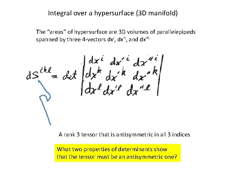 Integral over a hypersurface (3 D manifold) The “areas” of hypersurface are 3 D