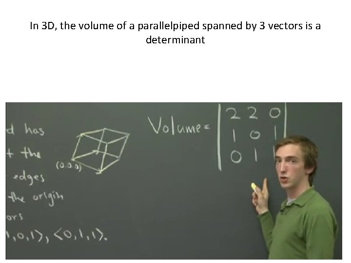 In 3 D, the volume of a parallelpiped spanned by 3 vectors is a