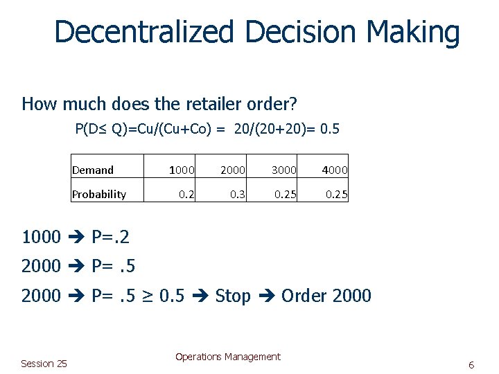 Decentralized Decision Making How much does the retailer order? P(D≤ Q)=Cu/(Cu+Co) = 20/(20+20)= 0.