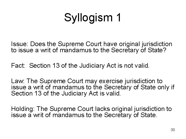 Syllogism 1 Issue: Does the Supreme Court have original jurisdiction to issue a writ