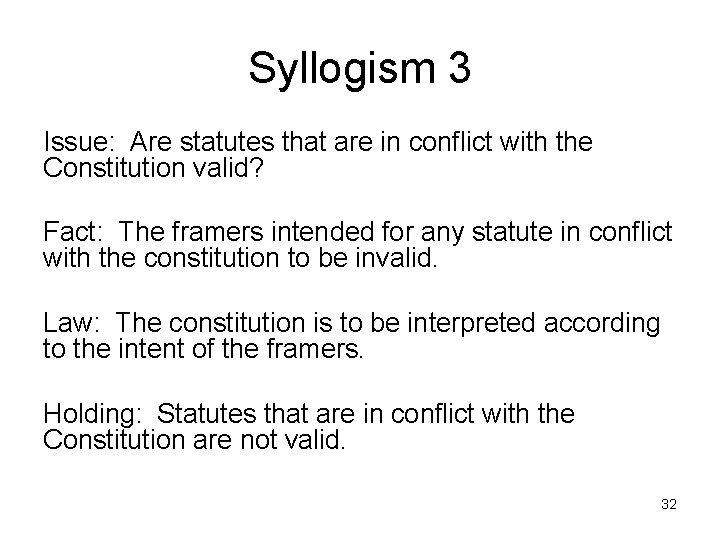 Syllogism 3 Issue: Are statutes that are in conflict with the Constitution valid? Fact: