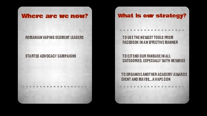 Where are we now? What is our strategy? ROMANIAN VAPING SEGMENT LEADERS TO USE