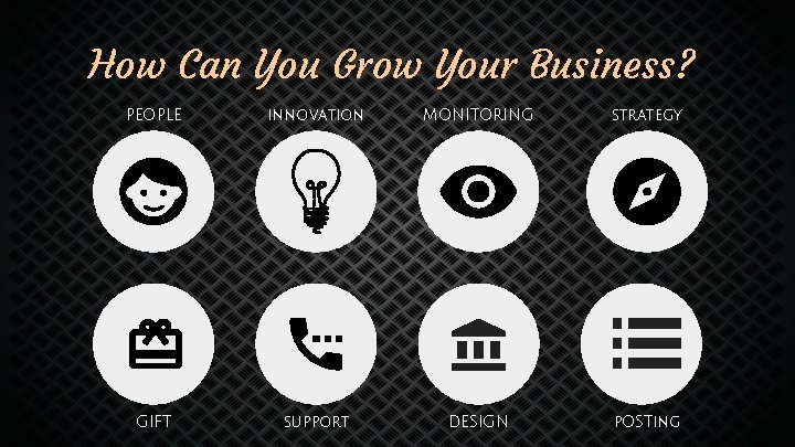 How Can You Grow Your Business? PEOPLE innovation MONITORING strategy GIFT support DESIGN p.