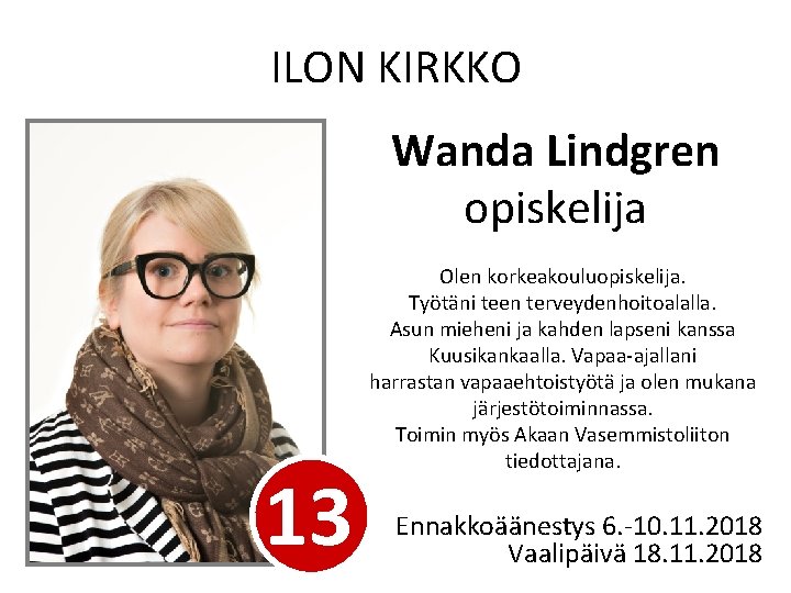 ILON KIRKKO Wanda Lindgren opiskelija 13 Olen korkeakouluopiskelija. Työtäni teen terveydenhoitoalalla. Asun mieheni ja