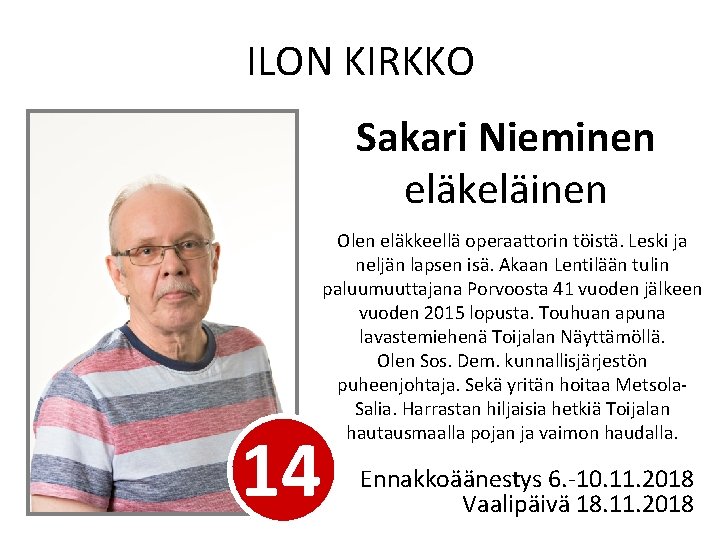 ILON KIRKKO Sakari Nieminen eläkeläinen 14 Olen eläkkeellä operaattorin töistä. Leski ja neljän lapsen