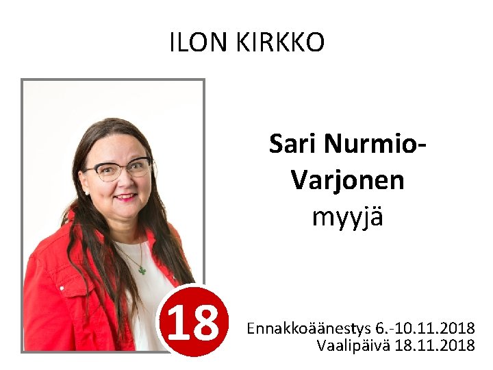 ILON KIRKKO Sari Nurmio. Varjonen myyjä 18 Ennakkoäänestys 6. -10. 11. 2018 Vaalipäivä 18.