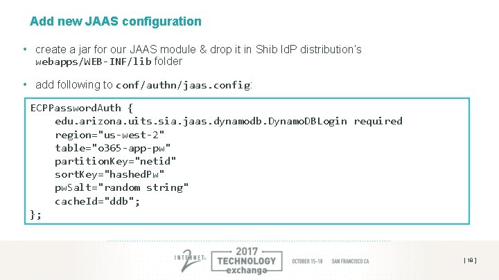 Add new JAAS configuration • create a jar for our JAAS module & drop Add new JAAS configuration • create a jar for our JAAS module & drop