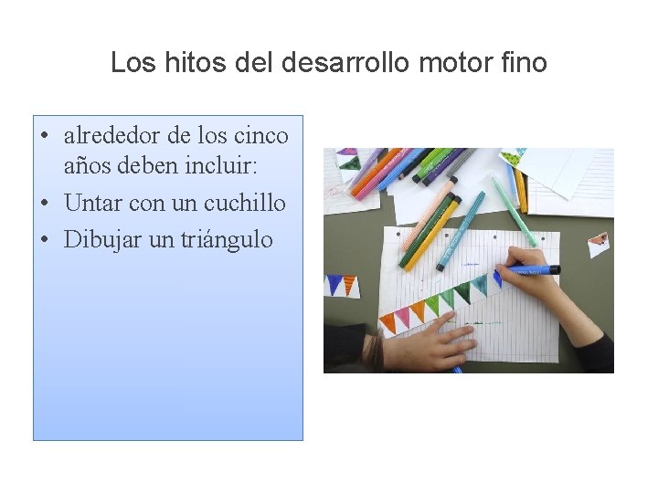 Los hitos del desarrollo motor fino • alrededor de los cinco años deben incluir:
