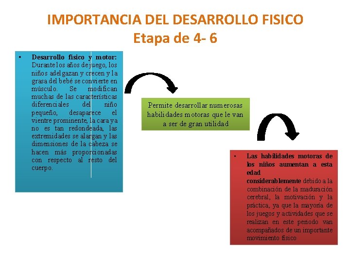 IMPORTANCIA DEL DESARROLLO FISICO Etapa de 4 - 6 • Desarrollo físico y motor: