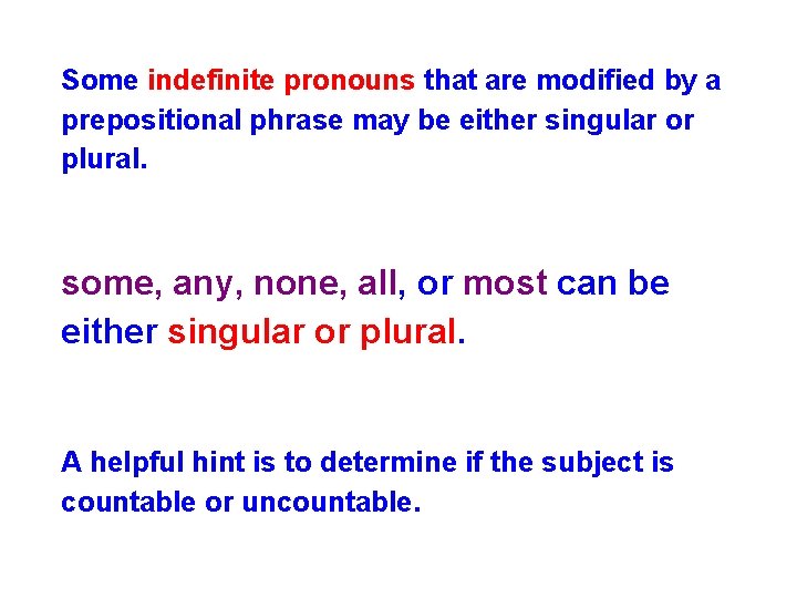 Some indefinite pronouns that are modified by a prepositional phrase may be either singular