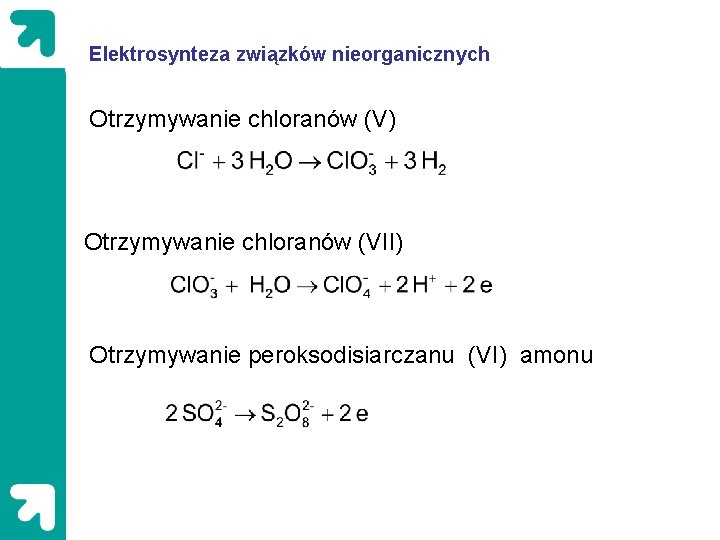 Elektrosynteza związków nieorganicznych Otrzymywanie chloranów (V) Otrzymywanie chloranów (VII) Otrzymywanie peroksodisiarczanu (VI) amonu 