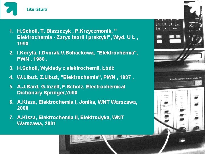 Literatura 1. H. Scholl, T. Błaszczyk , P. Krzyczmonik, " Elektrochemia - Zarys teorii