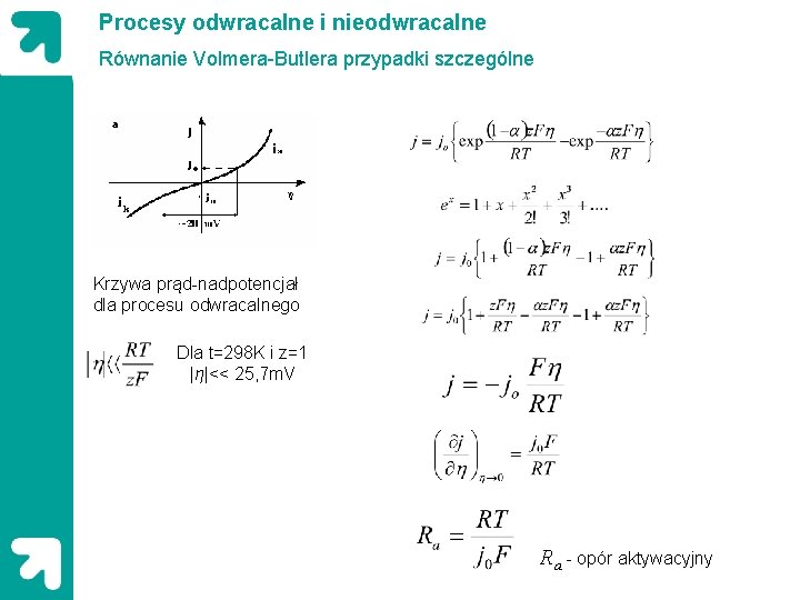 Procesy odwracalne i nieodwracalne Równanie Volmera-Butlera przypadki szczególne Krzywa prąd-nadpotencjał dla procesu odwracalnego Dla