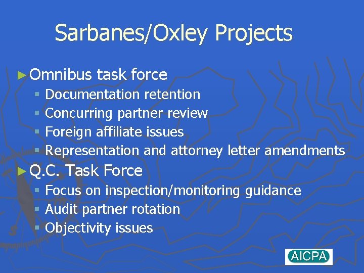 Sarbanes/Oxley Projects ► Omnibus task force § Documentation retention § Concurring partner review §