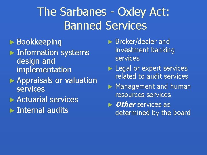 The Sarbanes - Oxley Act: Banned Services ► Bookkeeping ► Information systems design and