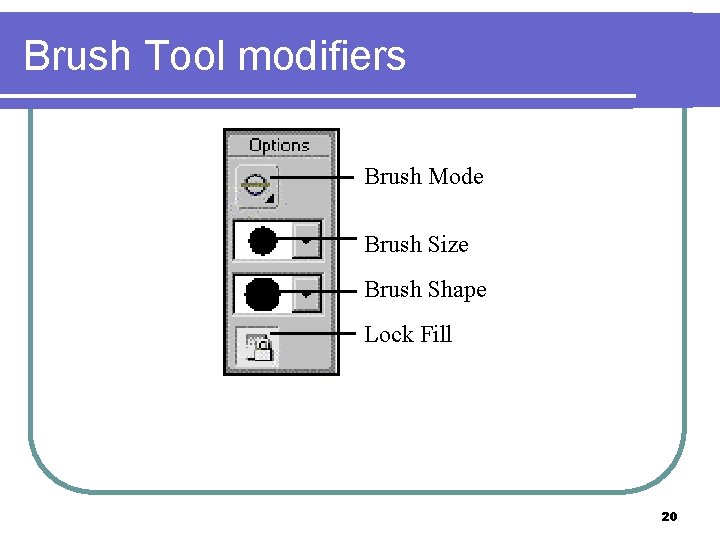 Brush Tool modifiers Brush Mode Brush Size Brush Shape Lock Fill 20 
