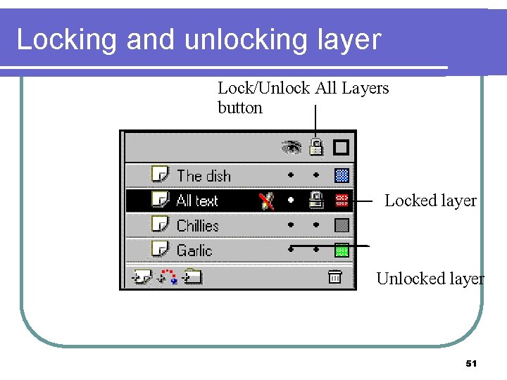 Locking and unlocking layer Lock/Unlock All Layers button Locked layer Unlocked layer 51 