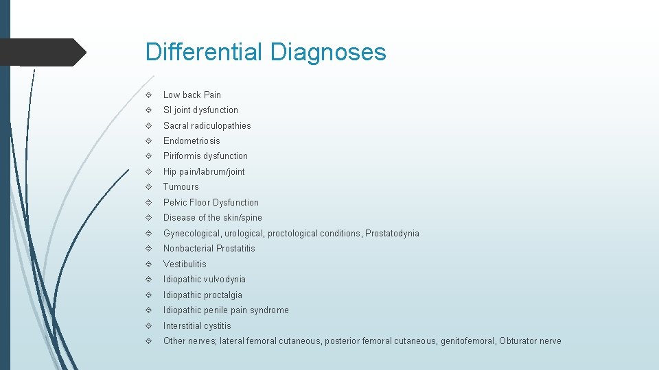 Differential Diagnoses Low back Pain SI joint dysfunction Sacral radiculopathies Endometriosis Piriformis dysfunction Hip