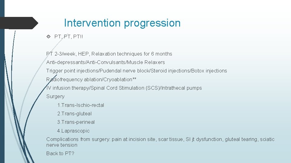 Intervention progression PT, PT!! PT 2 -3/week, HEP, Relaxation techniques for 6 months Anti-depressants/Anti-Convulsants/Muscle