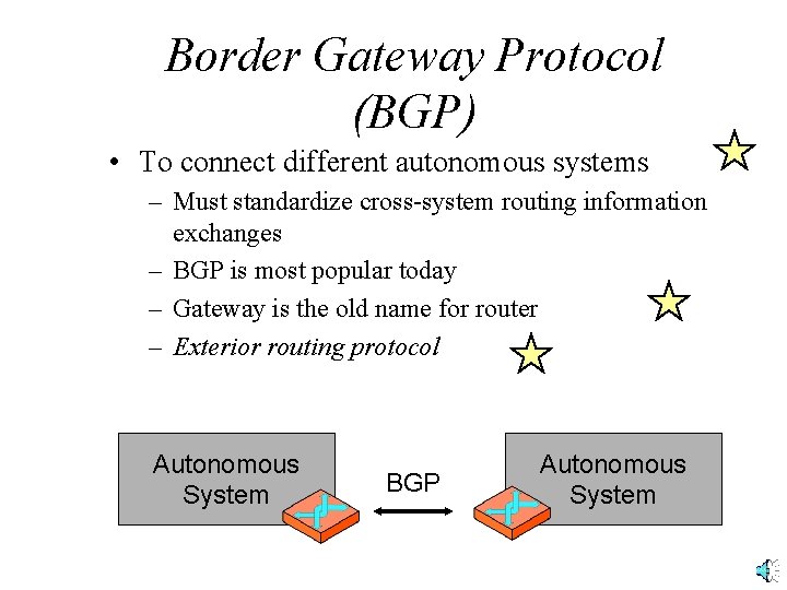 Border Gateway Protocol (BGP) • To connect different autonomous systems – Must standardize cross-system