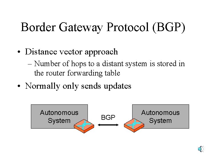 Border Gateway Protocol (BGP) • Distance vector approach – Number of hops to a