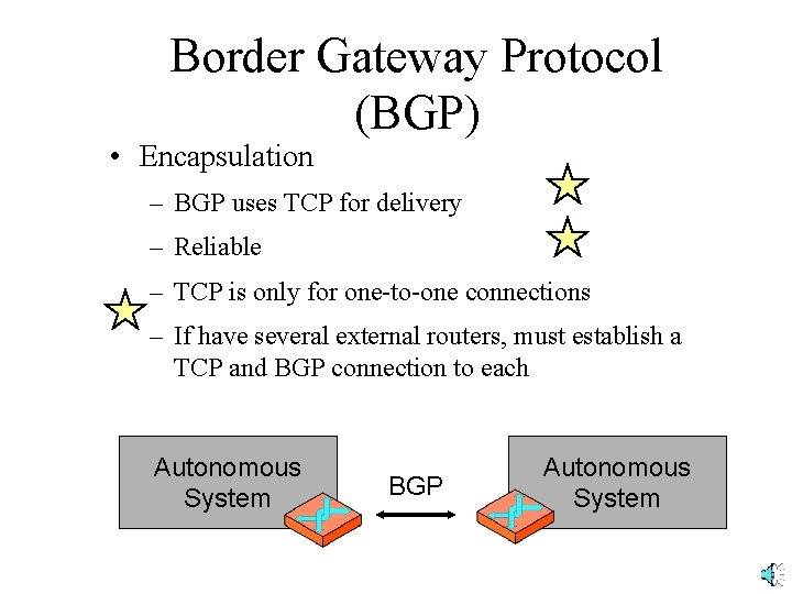 Border Gateway Protocol (BGP) • Encapsulation – BGP uses TCP for delivery – Reliable
