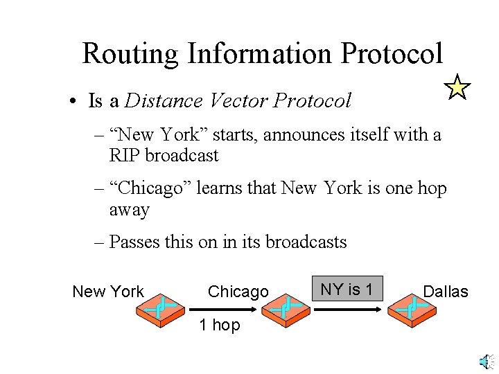 Routing Information Protocol • Is a Distance Vector Protocol – “New York” starts, announces