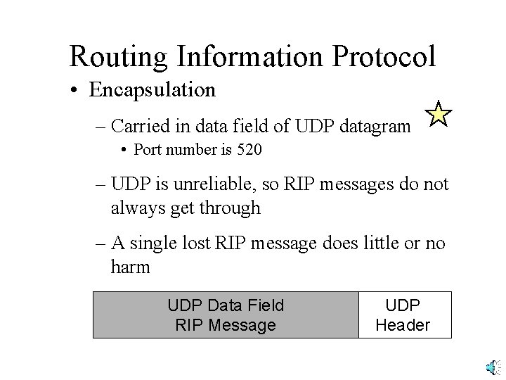 Routing Information Protocol • Encapsulation – Carried in data field of UDP datagram •