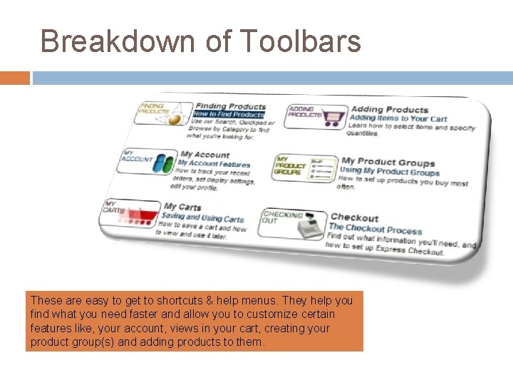 Breakdown of Toolbars These are easy to get to shortcuts & help menus. They