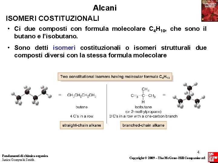 Alcani ISOMERI COSTITUZIONALI • Ci due composti con formula molecolare C 4 H 10,