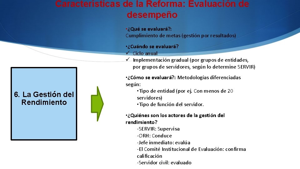 Características de la Reforma: Evaluación de desempeño • ¿Qué se evaluará? : Cumplimiento de Características de la Reforma: Evaluación de desempeño • ¿Qué se evaluará? : Cumplimiento de