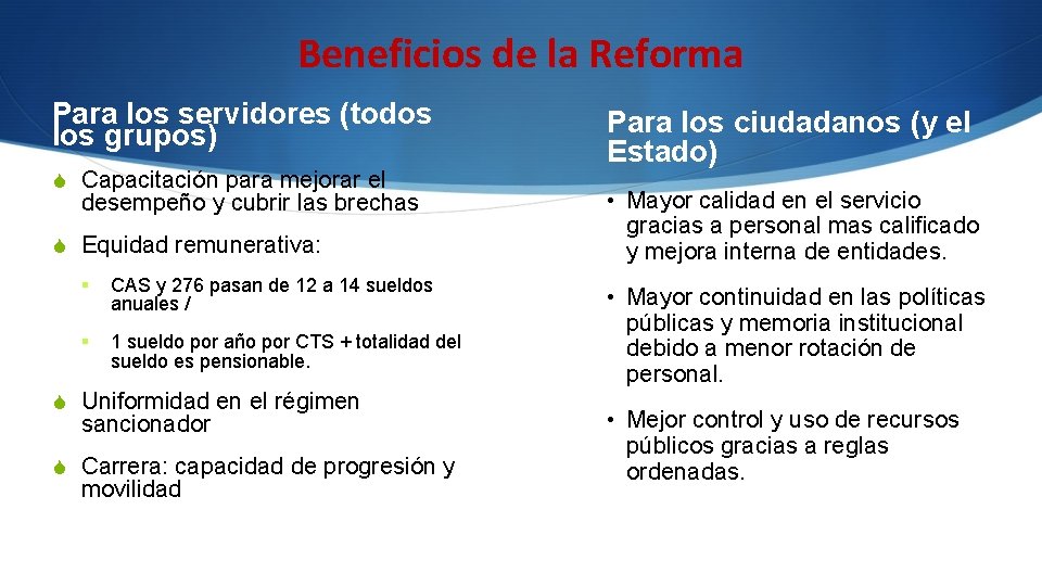 Beneficios de la Reforma Para los servidores (todos los grupos) S Capacitación para mejorar Beneficios de la Reforma Para los servidores (todos los grupos) S Capacitación para mejorar