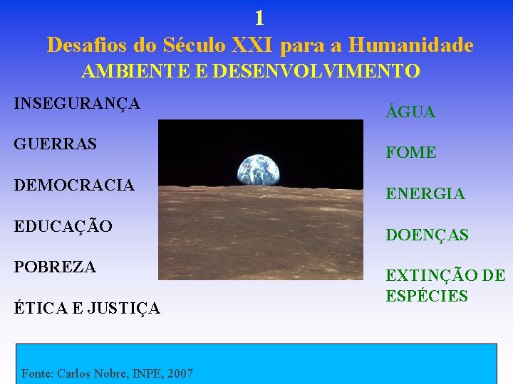 1 Desafios do Século XXI para a Humanidade AMBIENTE E DESENVOLVIMENTO INSEGURANÇA ÁGUA GUERRAS 1 Desafios do Século XXI para a Humanidade AMBIENTE E DESENVOLVIMENTO INSEGURANÇA ÁGUA GUERRAS